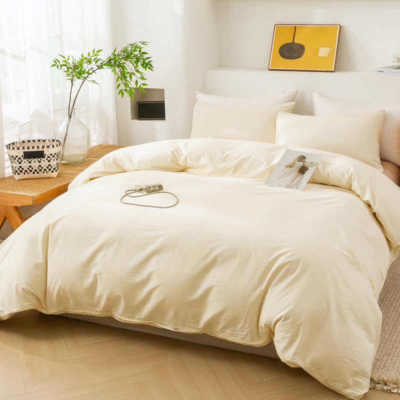 ECOCOTT Duvet Cover King Size - 3 Piece 100% Washed Cotton Bedding Set, Soft & Breathable with Zipper Closure 8 Corner Ties - Comfortable and Stylish for All Seasons (Cream) - Image 4